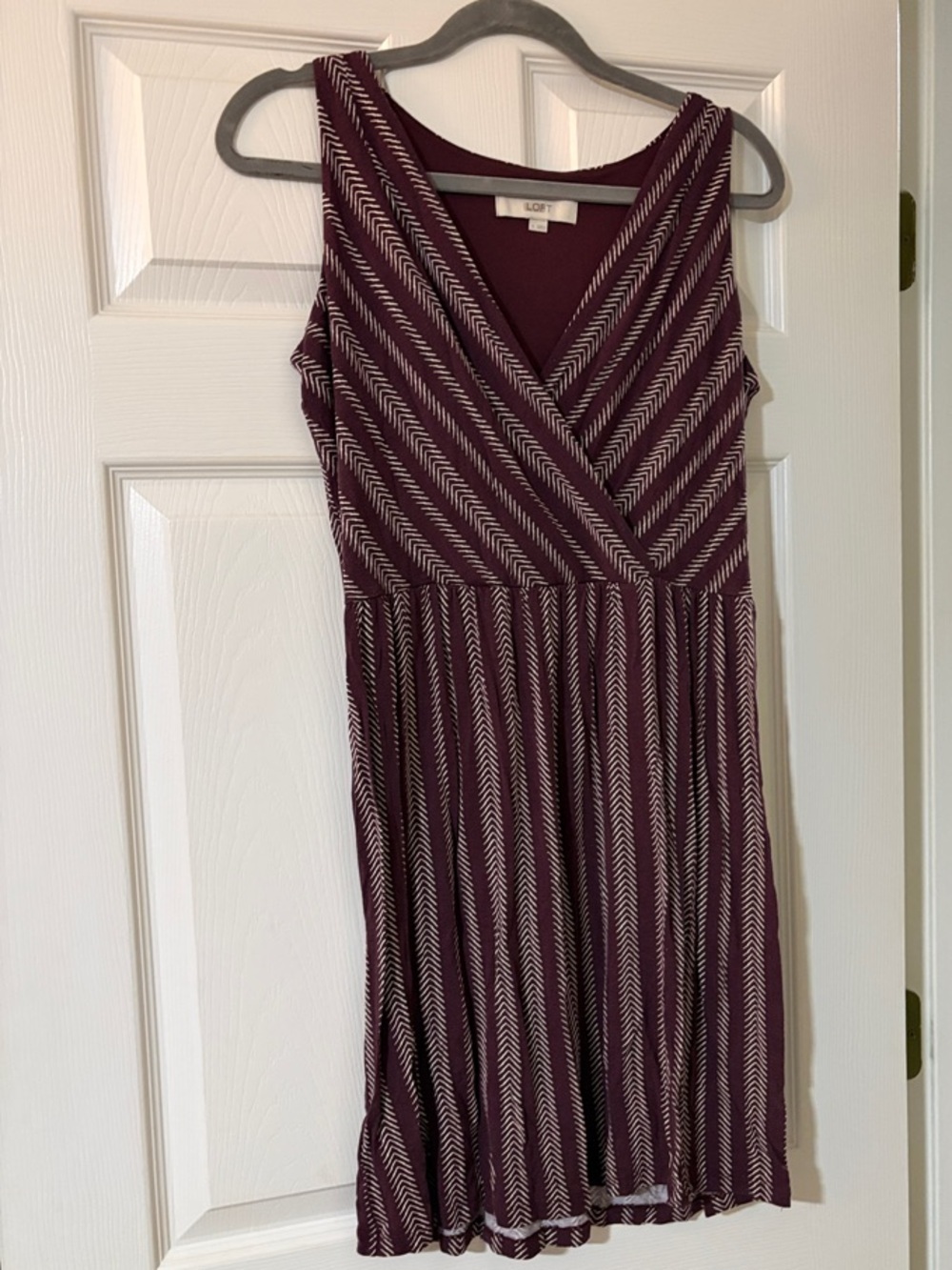 LOFT Burgundy and Ivory Sleeveless V-Neck Fit & Flare Mini Dress